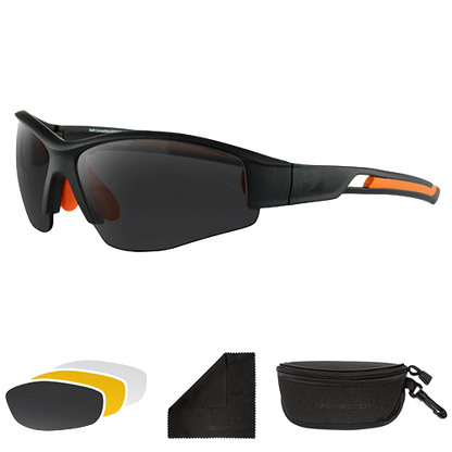 A pair of Swift sunglasses with interchangeable lenses, shown with three different lens options: smoked, yellow, and clear. The sunglasses have a black frame and the lenses are designed for outdoor use.