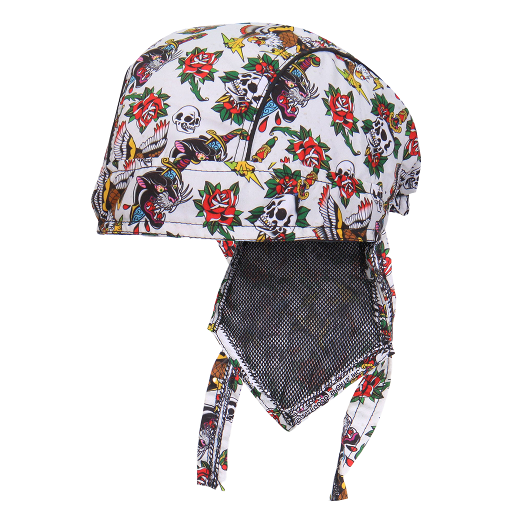 A multicolored headwrap with a floral and tattoo flash design, featuring a mesh lining.