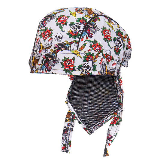 A multicolored headwrap with a floral and tattoo flash design, featuring a mesh lining.