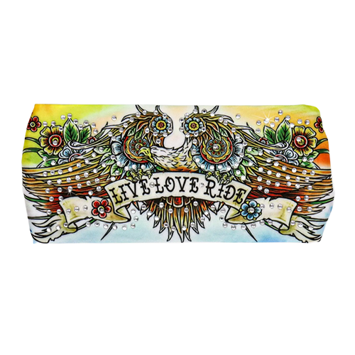 Colorful design with wings and 'Live Love Ride' text on a white background