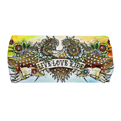 Colorful design with wings and 'Live Love Ride' text on a white background