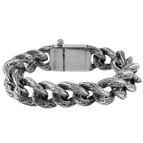 A stainless steel bracelet with a Cuban link design and intricate scrollwork, featuring a secure snap/box closure.