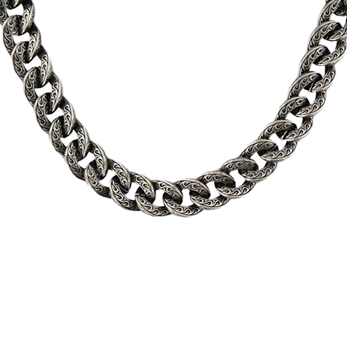 A close-up image of a stainless steel tattoo hook necklace with a chain link design.
