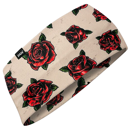 Tattoo rose print motorcycle headband with black background and stretch fabric