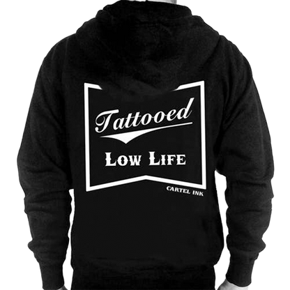 A black hoodie with 'Tattooved Low Life' printed on the back, featuring a rectangular white design with text, and a front pocket.