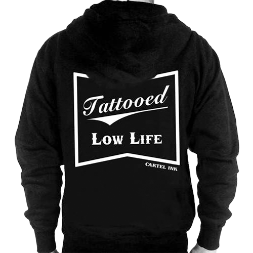 A black hoodie with 'Tattooved Low Life' printed on the back, featuring a rectangular white design with text, and a front pocket.