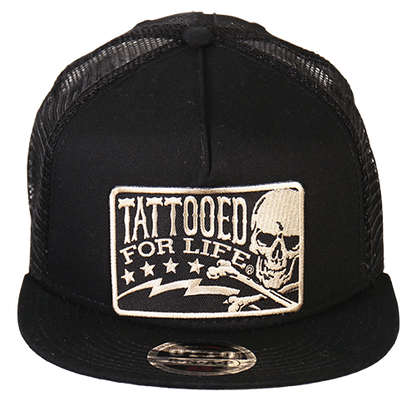 Black Snapback Cap With Tattooed For Life Patch Front View