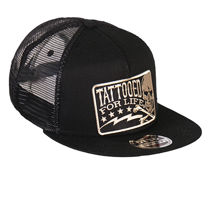 Black Snapback Cap With Tattooed For Life Patch Side View