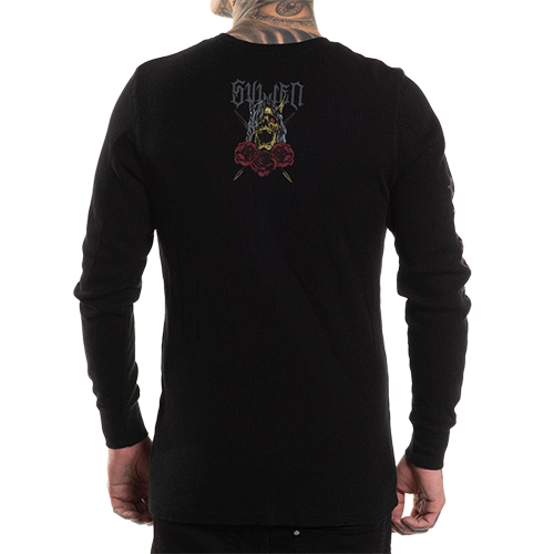 Black waffle-knit thermal shirt with gothic distressed design