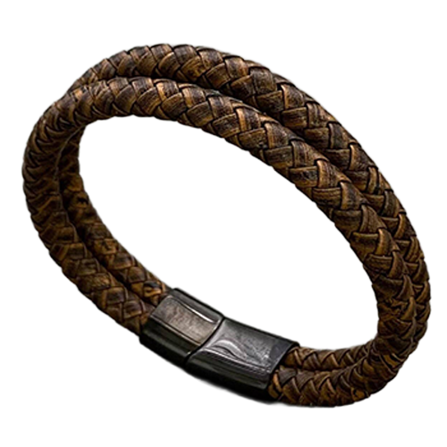 The Backroad double-layer brown braided bracelet standing upright with polished black hardware.