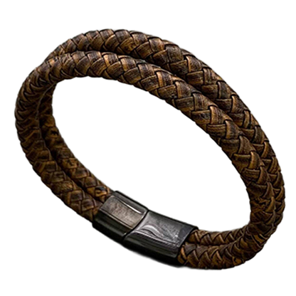 The Backroad double-layer brown braided bracelet standing upright with polished black hardware.