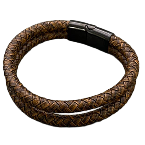 The Backroad brown braided bracelet fastened in a circle with its polished black clasp visible.