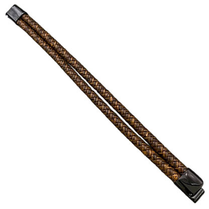 Double-strand brown braided PU leather bracelet laid flat to show its full length and black clasp.