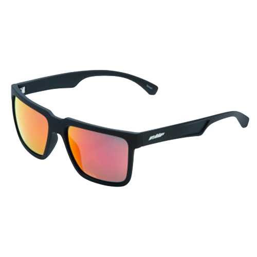 Matte black motorcycle sunglasses with red mirror lenses and rectangular frame design