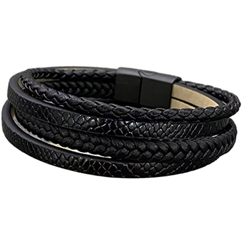 Multi-layer black PU leather bracelet fastened in an overlapping stack with black stainless steel hardware.