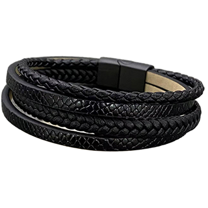 Multi-layer black PU leather bracelet fastened in an overlapping stack with black stainless steel hardware.