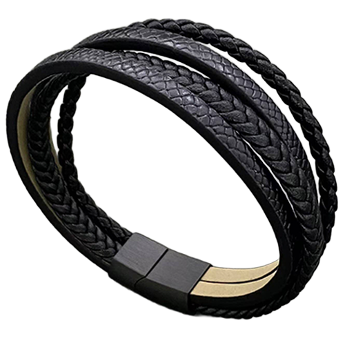 Multi-layer black bracelet standing upright to show its braided, smooth, and textured PU leather strands.