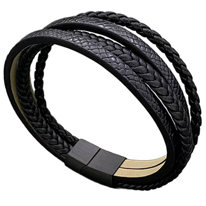 Multi-layer black bracelet standing upright to show its braided, smooth, and textured PU leather strands.