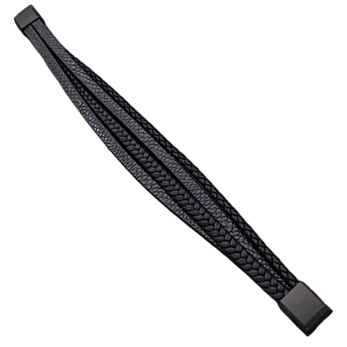 Multi-layer black PU leather bracelet laid flat to show the full strand arrangement and black end hardware.