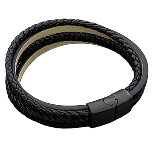 Fastened black multi-layer bracelet showing the compact clasp and layered leather construction.
