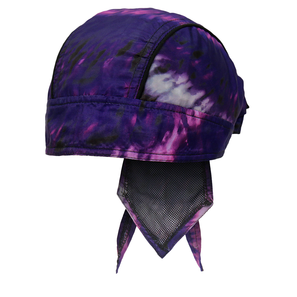 A tie-dyed headwrap with purple and pink swirls, designed to be worn under a helmet.