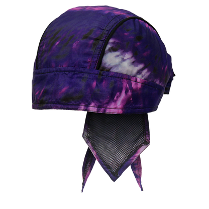 A tie-dyed headwrap with purple and pink swirls, designed to be worn under a helmet.