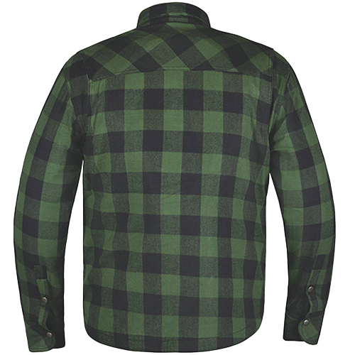 A men's long-sleeve flannel shirt shown from the back, featuring a classic green and black buffalo plaid pattern.
