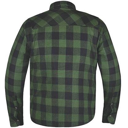 A men's long-sleeve flannel shirt shown from the back, featuring a classic green and black buffalo plaid pattern.