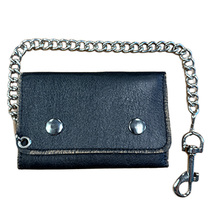 Trailblazer distressed black chain wallet with removable metal security chain.
