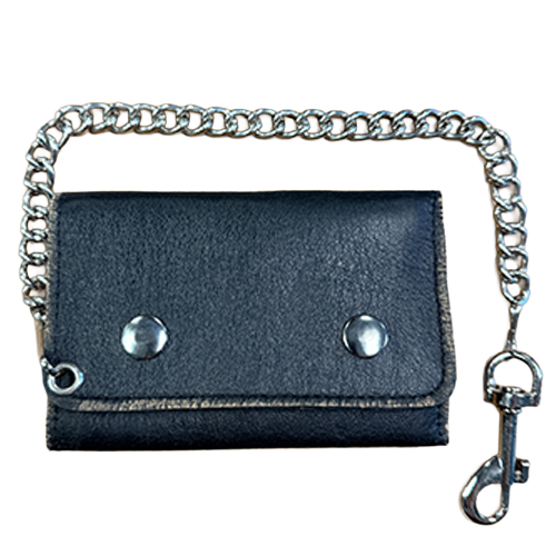 Trailblazer distressed black chain wallet with removable metal security chain.