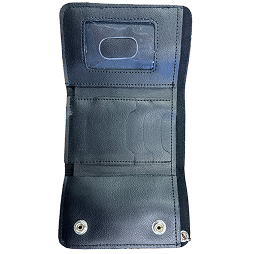 Open Trailblazer motorcycle wallet featuring 3 card slots, ID window, and cash compartment.