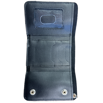 Open Trailblazer motorcycle wallet featuring 3 card slots, ID window, and cash compartment.