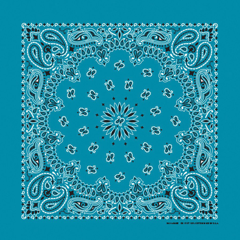 A turquoise blue bandana with a paisley pattern.