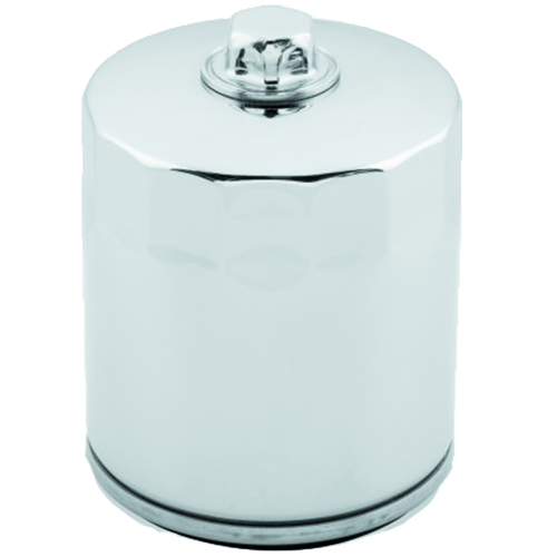 Chrome oil filter with built-in nut for Milwaukee-Eight engines.