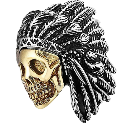 A two-tone men's stainless steel biker ring with a gold-plated skull with Indian head dress design on top.