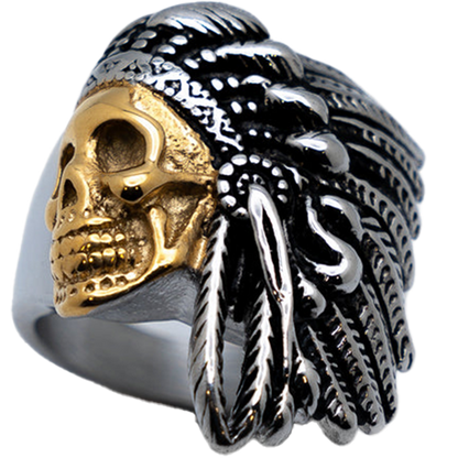 Two-Tone Indian Head Ring – Stainless Steel Gold Skull Headdress