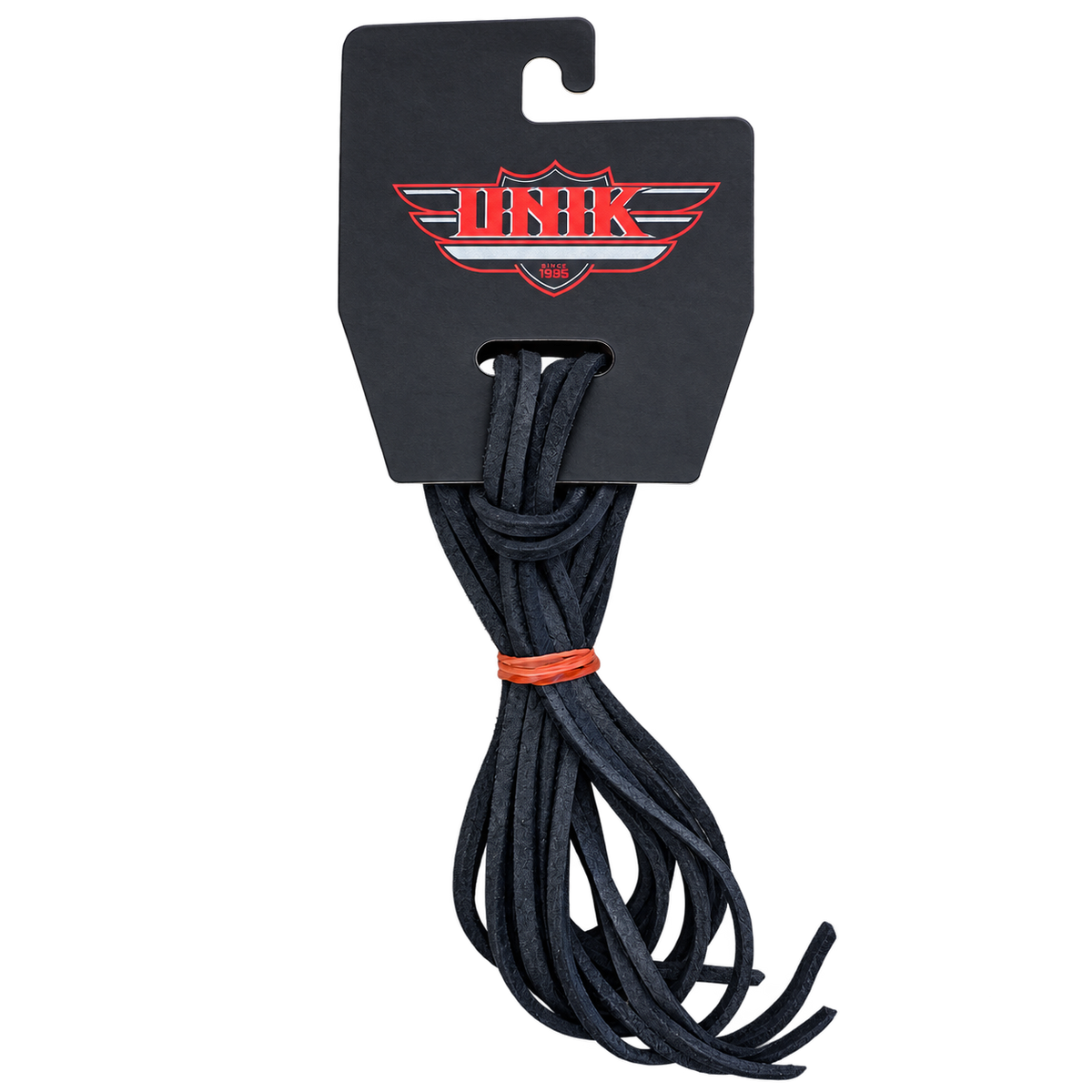 Black leather laces on Unik retail packaging, two 3-foot strands per pack