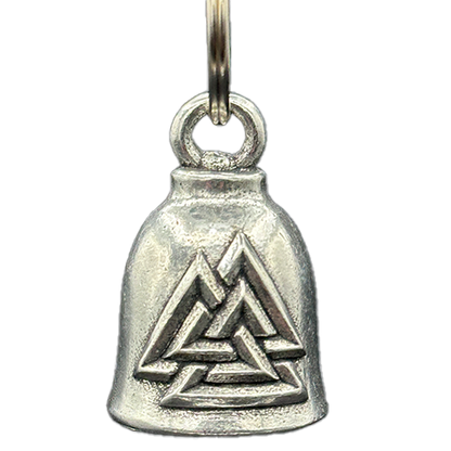 A silver-colored motorcycle bell with a Valknut symbol design on it.