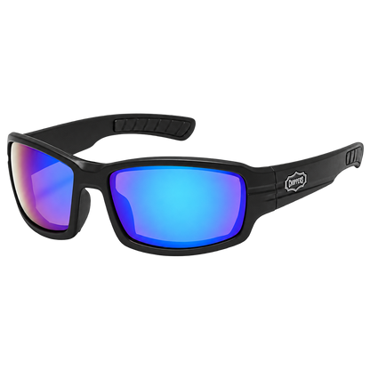 Vendetta blue-purple mirrored padded riding sunglasses with a black wrap frame