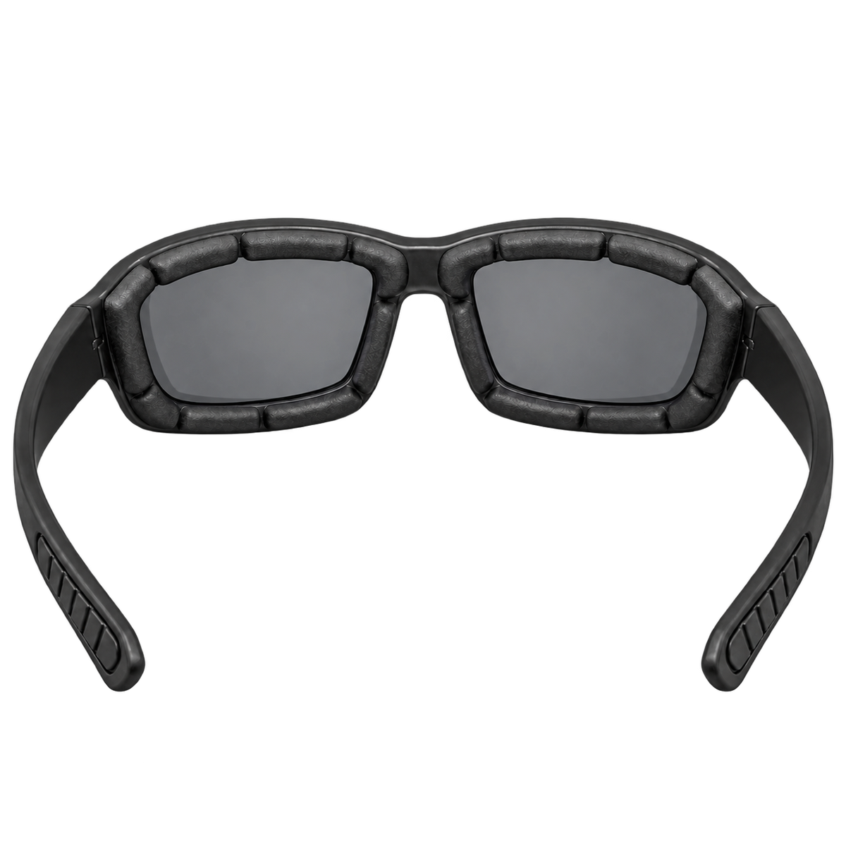Inside view of Vendetta riding sunglasses showing smoke-gray lenses and segmented foam padding
