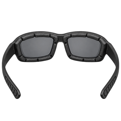 Inside view of Vendetta riding sunglasses showing smoke-gray lenses and segmented foam padding