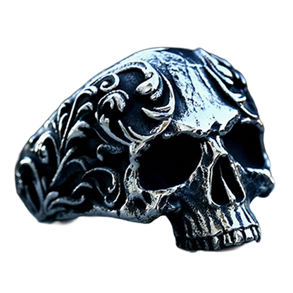 Stainless steel Viking skull ring with detailed skull centerpiece.