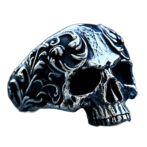 Stainless steel Viking skull ring with detailed skull centerpiece.