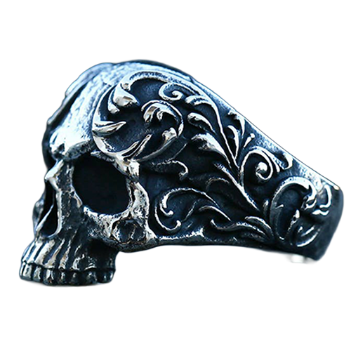 Viking-inspired stainless steel ring with gothic skull design.