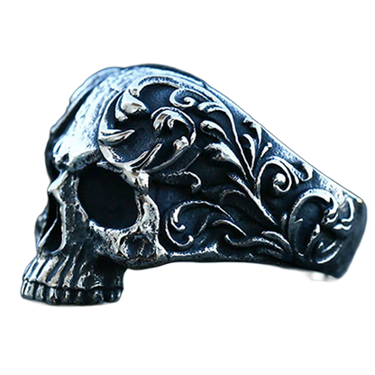 Viking-inspired stainless steel ring with gothic skull design.