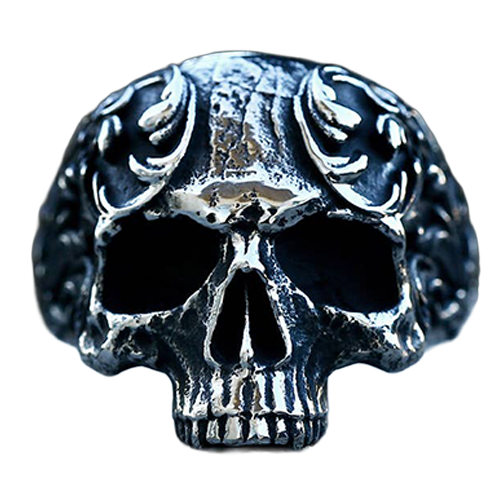 Front view of polished stainless steel biker skull ring.
