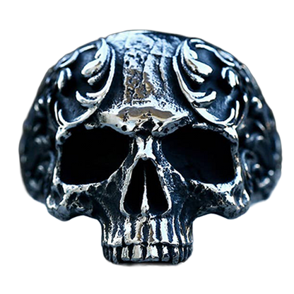 Front view of polished stainless steel biker skull ring.
