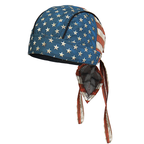 Lightweight head wrap with a distressed vintage American flag design and black tie-back panel.