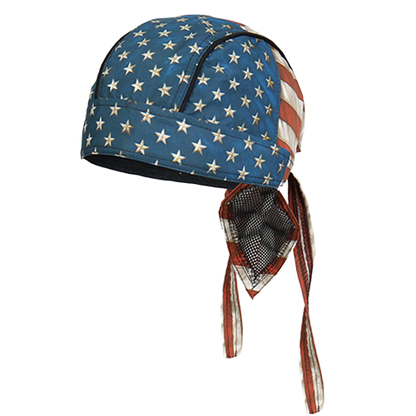 Lightweight head wrap with a distressed vintage American flag design and black tie-back panel.