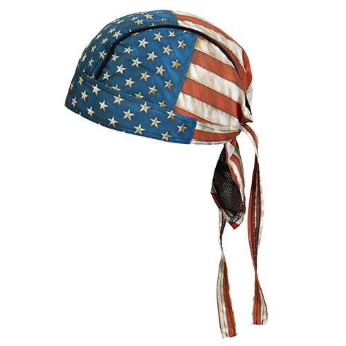 Side view of the vintage American flag head wrap showing the stars and striped ties.